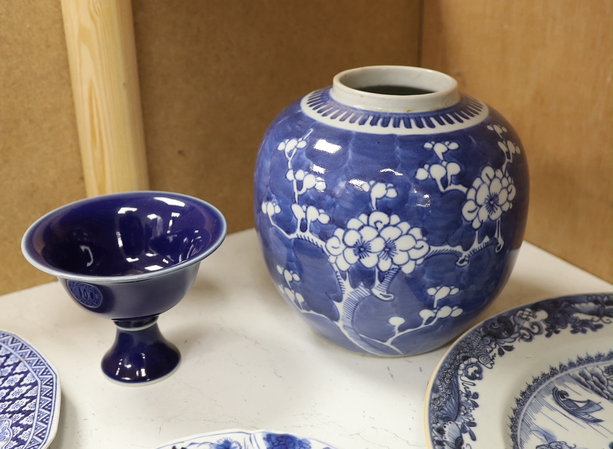A Chinese jar, double gourd vase and pedestal dish, tallest 16cm, together with an 18th century Chinese export blue and white dish and two others, largest 26cm, an 18th/19th century Chinese bowl and five plates, bowl 10c